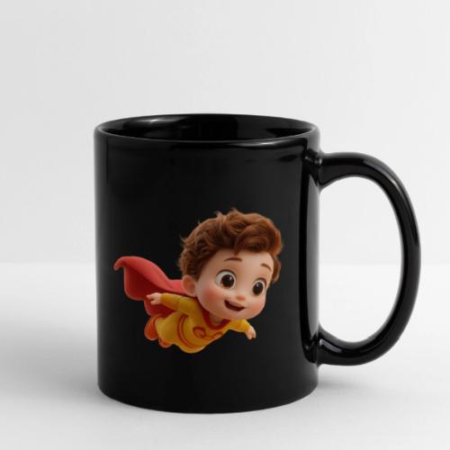 Flying Cartoon Superhero Boy in Yellow Suit - Full Color Mug
