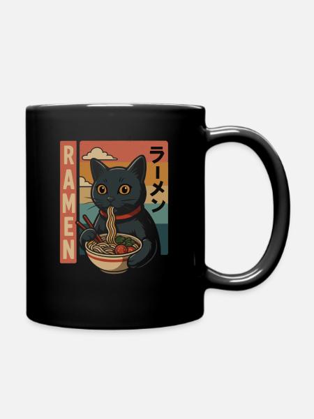 Ramen Cat Retro Japanese Style - Full Color Mug - black