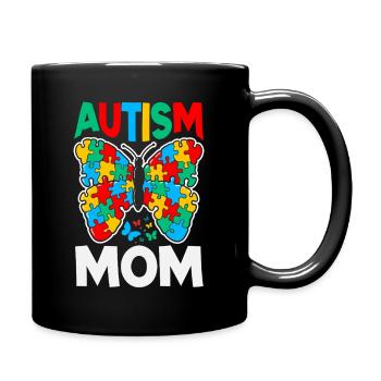 Autism Mom Butterfly Awareness Puzzle Piece Ribbon - Full Color Mug - black - Right
