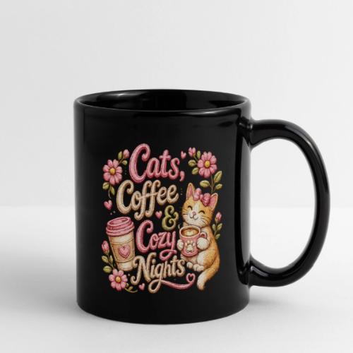 Cats, Coffee & Cozy Nights Faux Stitched Design - Full Color Mug