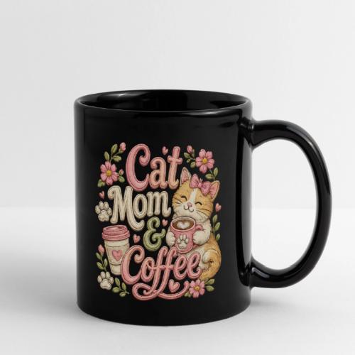 Cat Mom & Coffee Faux Stitched Cat Lover Design - Full Color Mug