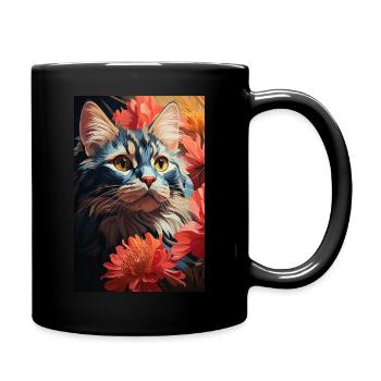 A Blue Cat Sitting In Flowers - Digital Painting - Full Color Mug - black - Right
