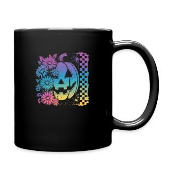 Cute Retro Pumpkin with Flowers and Checkerboard - Full Color Mug - black - Right