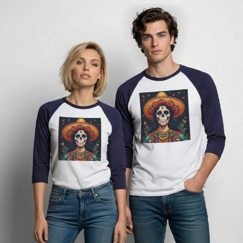 Charra Skull Art | Traditional Mexican Design - Unisex Baseball T-Shirt