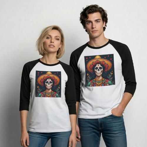 Charra Skull Art | Traditional Mexican Design - Unisex Baseball T-Shirt