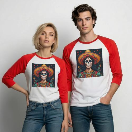 Charra Skull Art | Traditional Mexican Design - Unisex Baseball T-Shirt