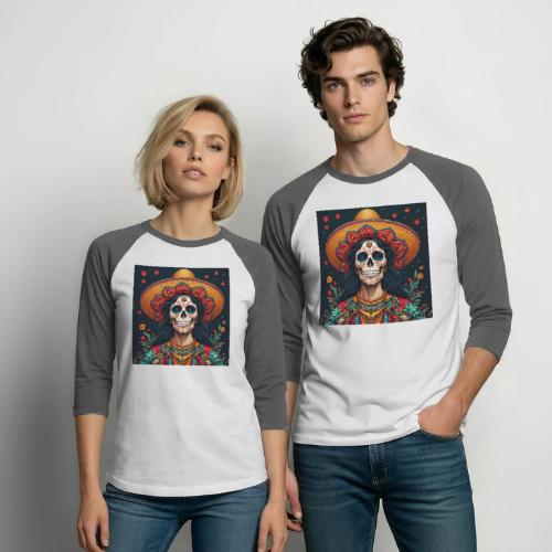Charra Skull Art | Traditional Mexican Design - Unisex Baseball T-Shirt