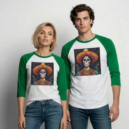 Charra Skull Art | Traditional Mexican Design - Unisex Baseball T-Shirt
