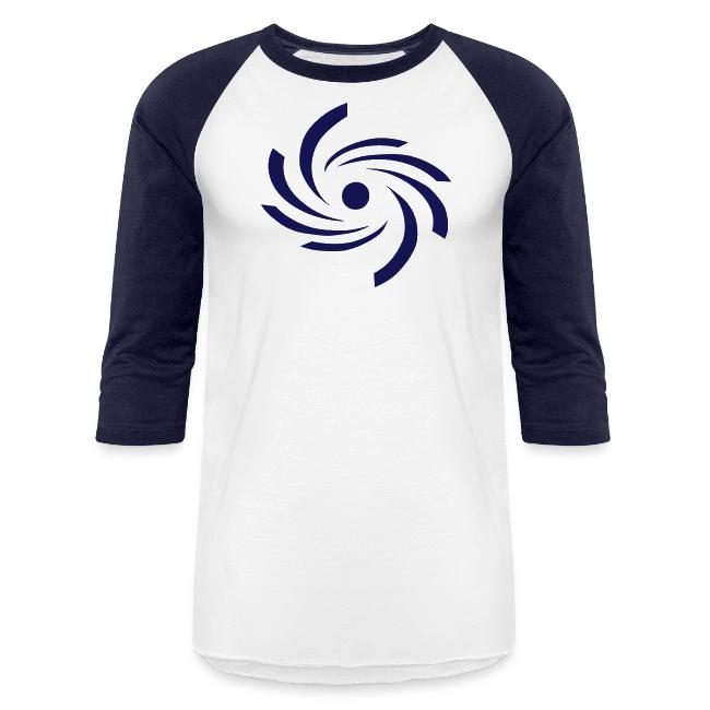 Camiseta unisex de béisbol con el símbolo de huracán azul oscuro de Huracanes Caribe