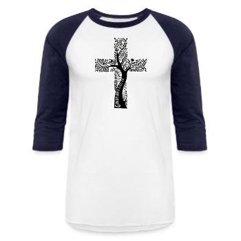 JESUS CHRIST - Unisex Baseball T-Shirt - white/navy - Front - AI Model Female 172 light (172cm) & AI Model Male 178 light (178cm)