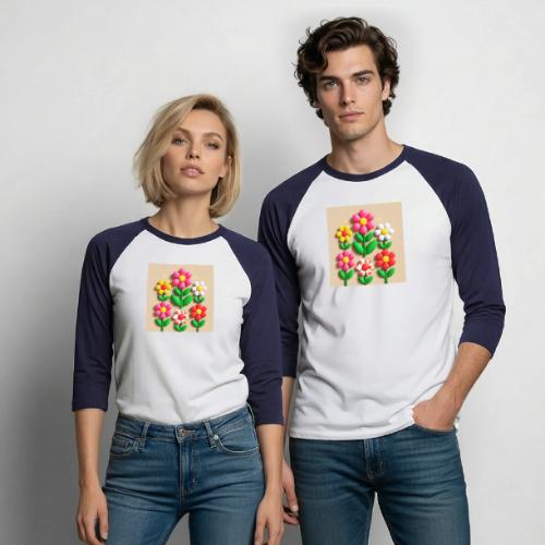 3D Flowers and Butterflies in Amber, Floral Design - Unisex Baseball T-Shirt