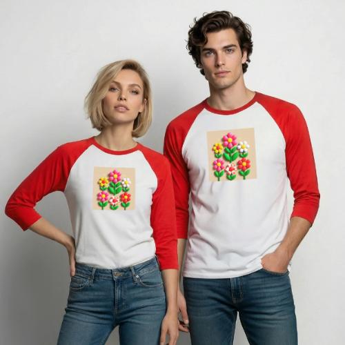 3D Flowers and Butterflies in Amber, Floral Design - Unisex Baseball T-Shirt