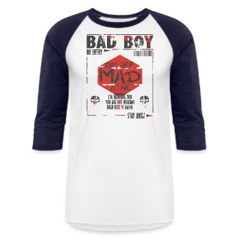 Bad Boy - Mad - Unisex Baseball T-Shirt - white/navy - Front - AI Model Female 172 light (172cm) & AI Model Male 178 light (178cm)