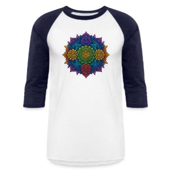Mandala Chakra Fusion T-Shirt - Unisex Baseball T-Shirt - white/navy - Front - AI Model Female 172 light (172cm) & AI Model Male 178 light (178cm)