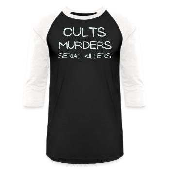 cults murders serial killers green - Unisex Baseball T-Shirt - black/white - Front - AI Model Female 172 light (172cm) & AI Model Male 178 light (178cm)