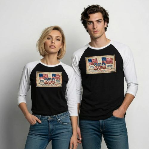 USA 250th Anniversary Flags Emblem - Unisex Baseball T-Shirt