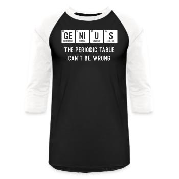 Genius Periodic Table - Sarcastic Periodic Table - Unisex Baseball T-Shirt - black/white - Front - AI Model Female 172 light (172cm) & AI Model Male 178 light (178cm)