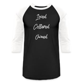 Loved Collared Owned Bdsm Dom Sub Bondage Fetish - Unisex Baseball T-Shirt - black/white - Front - AI Model Female 172 light (172cm) & AI Model Male 178 light (178cm)