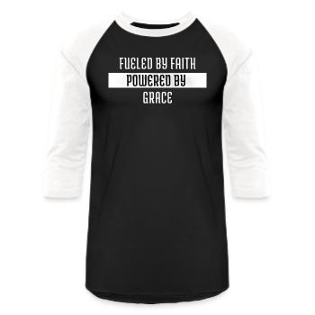 Fueled By Faith - Grace Driven T-Shirt - Unisex Baseball T-Shirt - black/white - Front - AI Model Female 172 light (172cm) & AI Model Male 178 light (178cm)