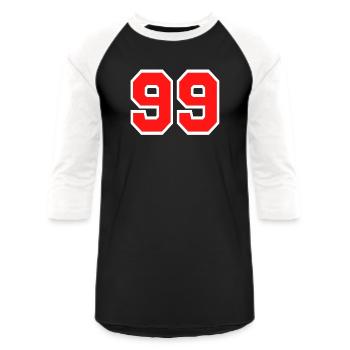 Number 99 - Unisex Baseball T-Shirt - black/white - Front - AI Model Female 172 light (172cm) & AI Model Male 178 light (178cm)