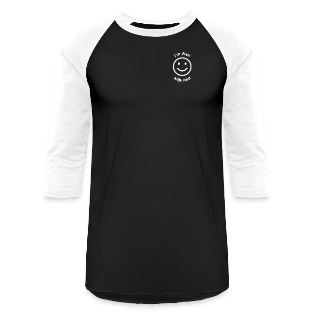 Flat product shot of the black and white Unisex Baseball T-Shirt with three-quarter sleeves and small chest logo