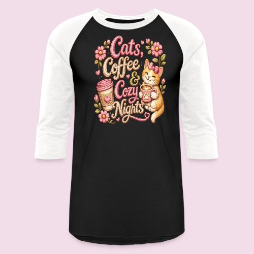Cats, Coffee & Cozy Nights Faux Stitched Design - Unisex Baseball T-Shirt