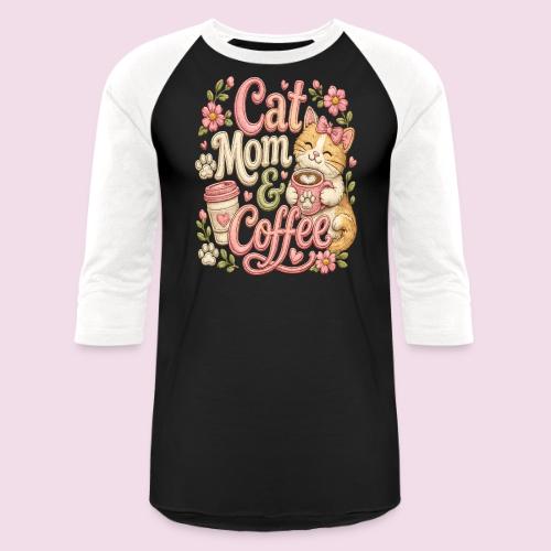 Cat Mom & Coffee Faux Stitched Cat Lover Design - Unisex Baseball T-Shirt