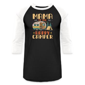 Mama of Happy Camper 1st Birthday Party Retro Mama - Unisex Baseball T-Shirt - black/white - Front - AI Model Female 172 light (172cm) & AI Model Male 178 light (178cm)