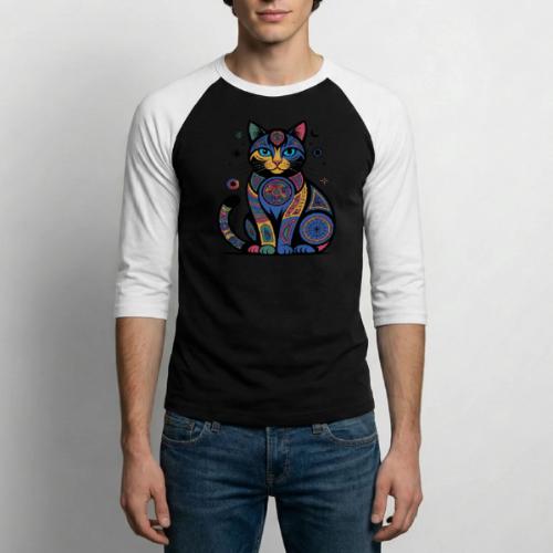 Vibrant Geometric Cat Mandala - Unisex Baseball T-Shirt