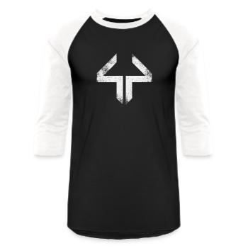Thick44 Distressed Logo - Unisex Baseball T-Shirt - black/white - Front - AI Model Female 172 light (172cm) & AI Model Male 178 light (178cm)