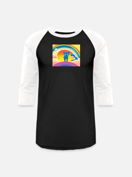 Blue Cat Rainbow Sunset - Unisex Baseball T-Shirt - black/white