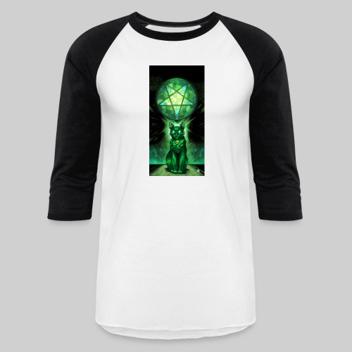 Green Satanic Cat and Pentagram Stained Glass - Unisex Baseball T-Shirt