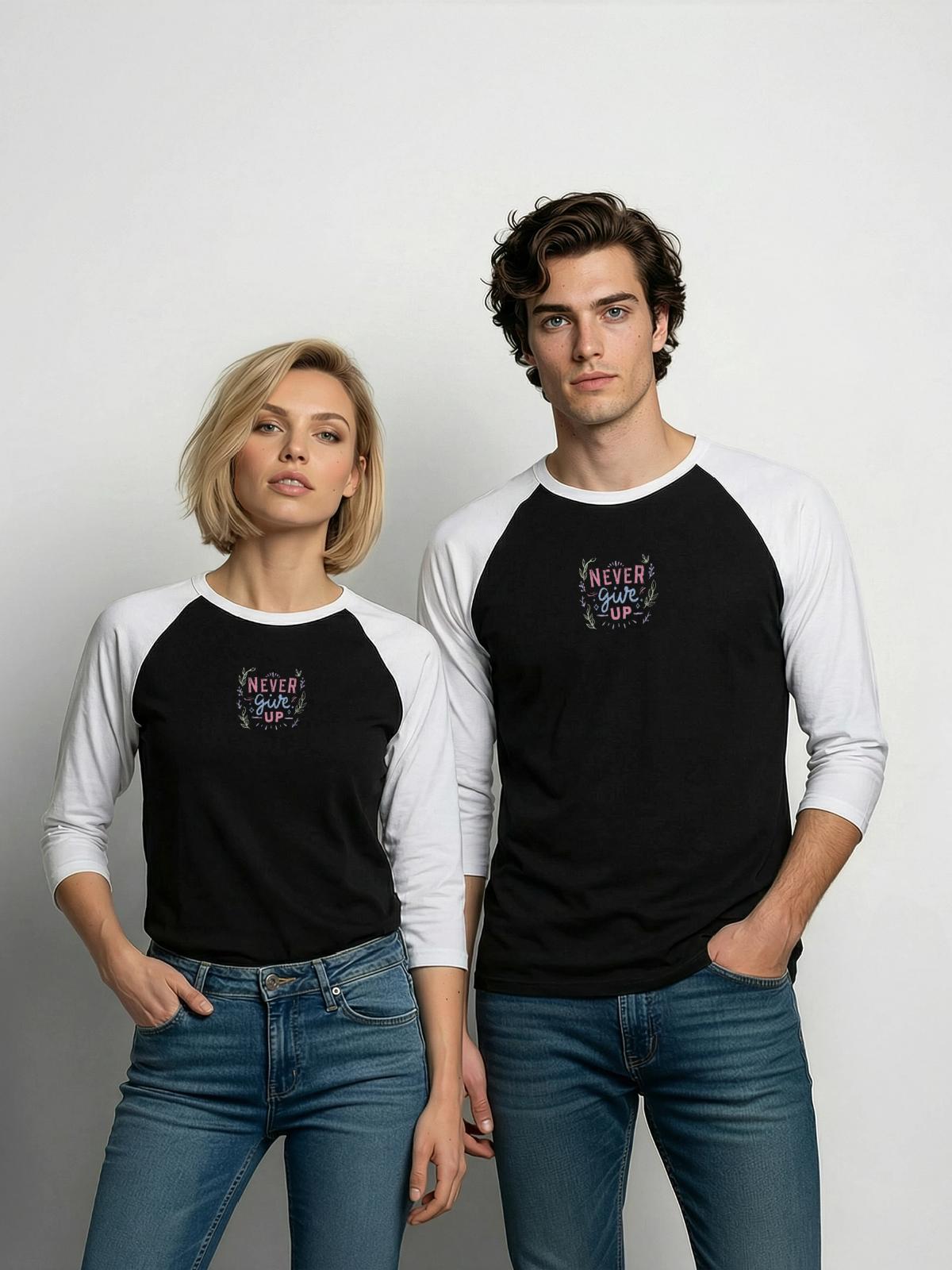 . - Unisex Baseball T-Shirt - black/white - Front - AI Model Female 172 light (172cm) & AI Model Male 178 light (178cm)