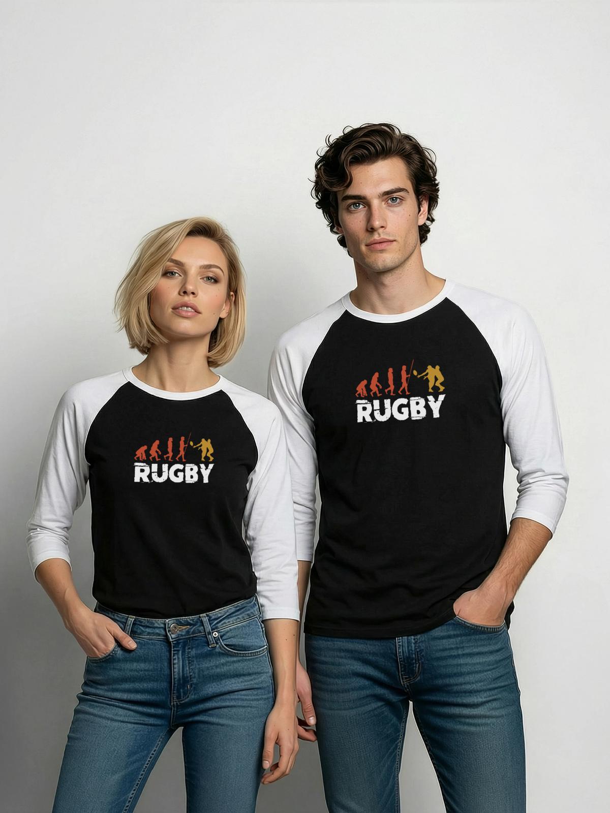 Rugby Evolution - Unisex Baseball T-Shirt - black/white - Front - AI Model Female 172 light (172cm) & AI Model Male 178 light (178cm)