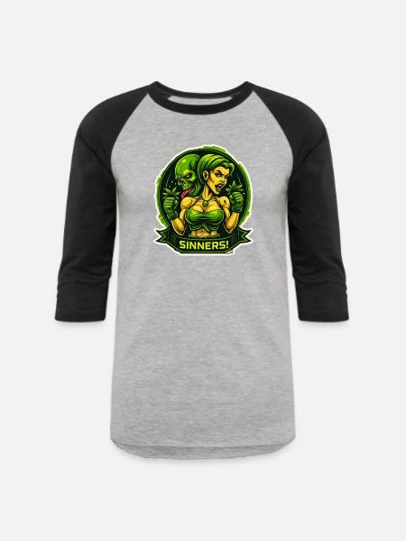 Sinners! Green Femme vs Demon - Unisex Baseball T-Shirt - heather gray/black