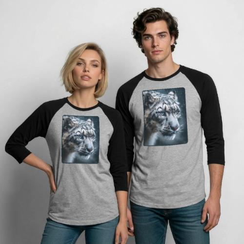 Snow Leopard Blue Eyes Design - Unisex Baseball T-Shirt