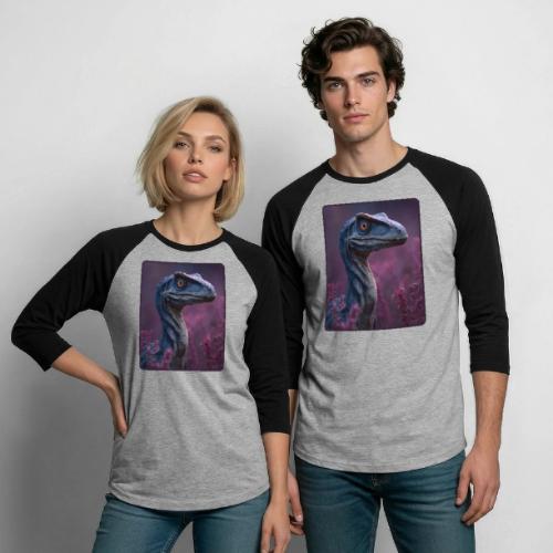 Blue Velociraptor Portrait Design - Unisex Baseball T-Shirt