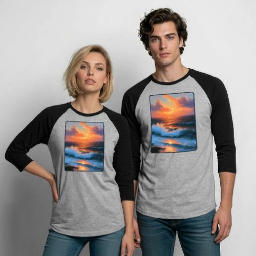 Sunset Storm Waves Oil Painting - Unisex Baseball T-Shirt
