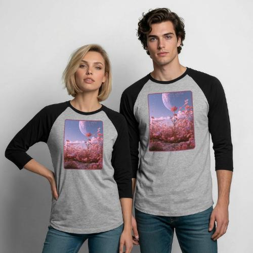 Cosmic Moon & Cosmos Flowers Art - Unisex Baseball T-Shirt