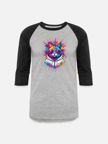 Neon Splash Cat Hoodie - Unisex Baseball T-Shirt - heather gray/black