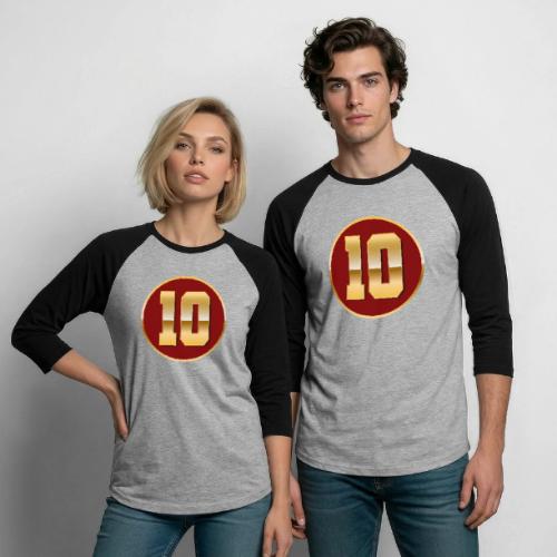 Number 10 in Gold Varsity Font - Unisex Baseball T-Shirt