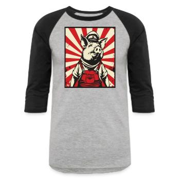 Propaganda Style: Communist Socialist Pig - Unisex Baseball T-Shirt - heather gray/black - Front - AI Model Female 172 light (172cm) & AI Model Male 178 light (178cm)
