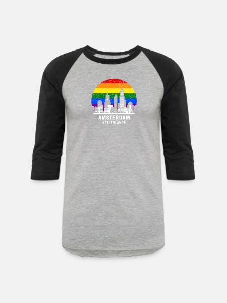 Amsterdam Skyline Rainbow Illustration - Unisex Baseball T-Shirt - heather gray/black