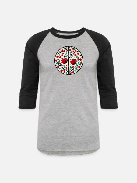 Heart Cherry Tree Folk Circle - Unisex Baseball T-Shirt - heather gray/black
