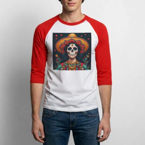 Charra Skull Art | Traditional Mexican Design - Unisex Baseball T-Shirt