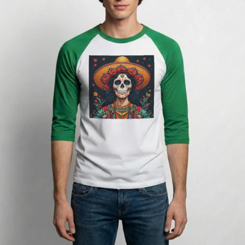 Charra Skull Art | Traditional Mexican Design - Unisex Baseball T-Shirt