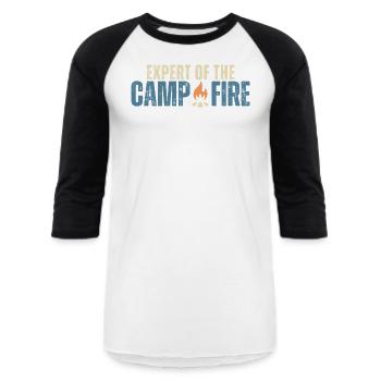 Camping expert, colourful outdoor lover slogan - Unisex Baseball T-Shirt - white/black - Front - AI Model Female 172 light (172cm) & AI Model Male 178 light (178cm)
