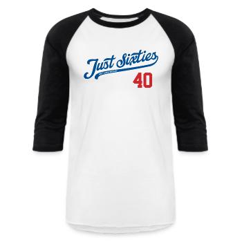 Just Sixties -40th Anniversary - Unisex Baseball T-Shirt - white/black - Front - AI Model Female 172 light (172cm) & AI Model Male 178 light (178cm)