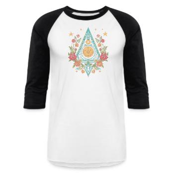 Transcend Time Touch Eternity Sacred Geometry - Unisex Baseball T-Shirt - white/black - Front - AI Model Female 172 light (172cm) & AI Model Male 178 light (178cm)