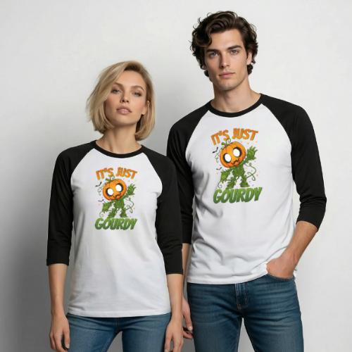 Cute Pumpkin Monster “It’s Just Gourdy” Funny - Unisex Baseball T-Shirt